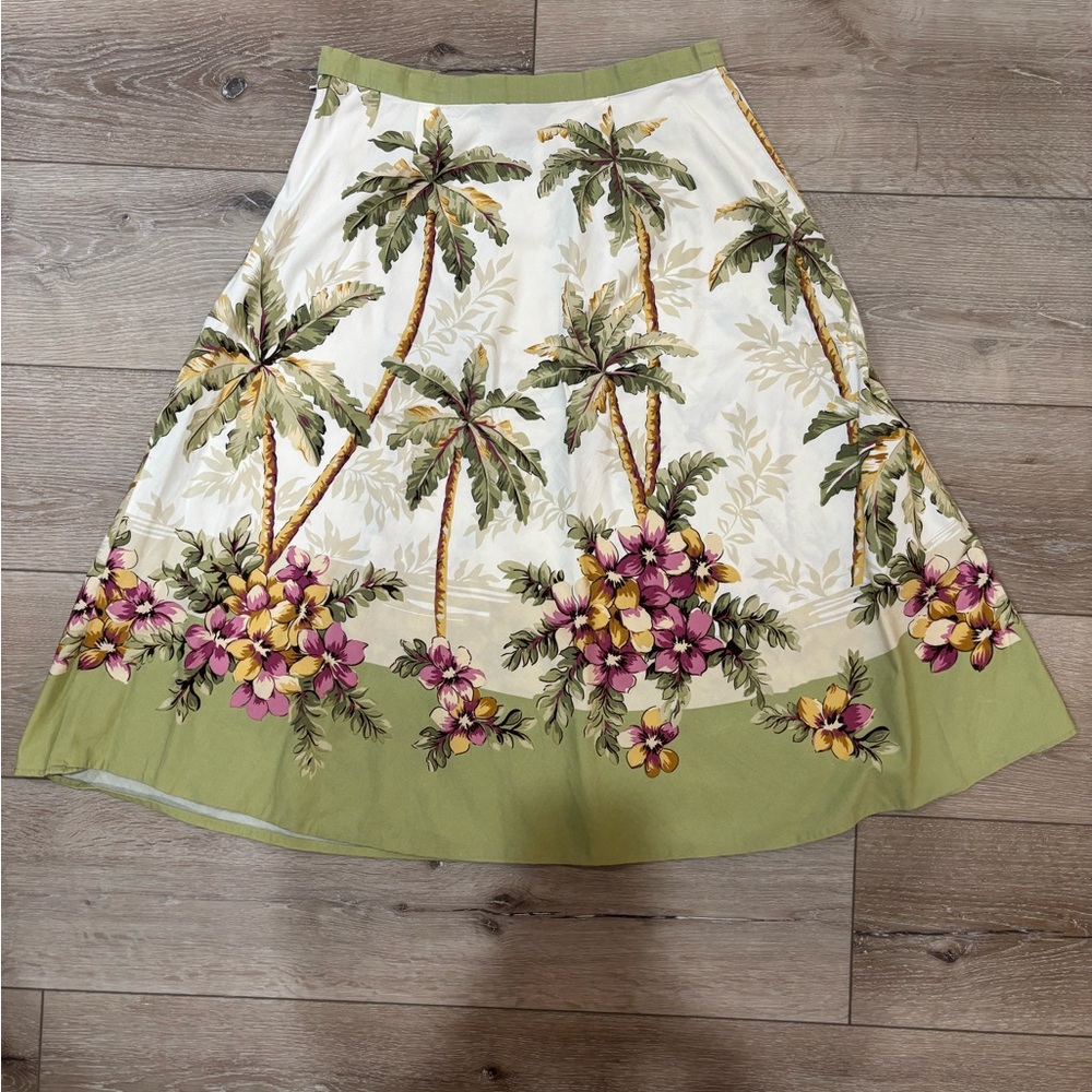 Van Heusen Green and White Palm Print A-Line Skirt